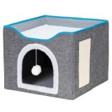 Casuta pentru pisici cu platforma si jucarie suspendata, structura din lemn si husa textila, 42x41x34 cm, gri Household NewTrend