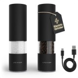Set 2 Rasnite Electrice Sare si Piper, LARS NYSOM, Reincarcabile USB-C, Ceramica, Inox, Negru Carbon