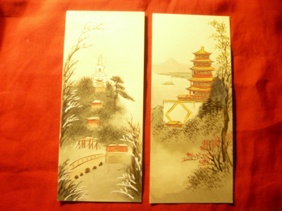 Set 2 Acuarele pe carton - Peisaje China - Pagode , dim.= 7x 16cm foto