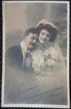 Fotografie tip Carte Postala, Mire si mireasa, perioada interbelica