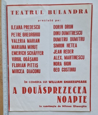 Afiș teatru Bulandra &amp;ndash; Shakespeare &amp;bdquo;A douăsprezecea noapte&amp;rdquo; &amp;ndash; distribuție Pittiș, Mihuț, Diaconu &amp;ndash; anii 1970 foto