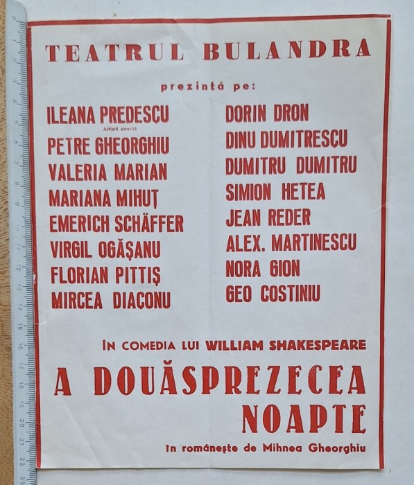 Afiș teatru Bulandra &ndash; Shakespeare &bdquo;A douăsprezecea noapte&rdquo; &ndash; distribuție Pittiș, Mihuț, Diaconu &ndash; anii 1970