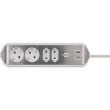 Prelungitor pentru perete/colt Brennenstuhl Estilo 214156, 4 prize, 2 x USB, 2m, Culoare Argintiu/Alb