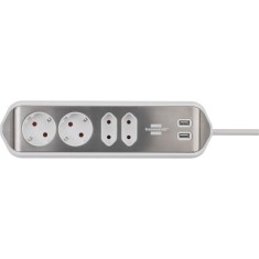 Prelungitor pentru perete/colt Brennenstuhl Estilo 214156, 4 prize, 2 x USB, 2m, Culoare Argintiu/Alb
