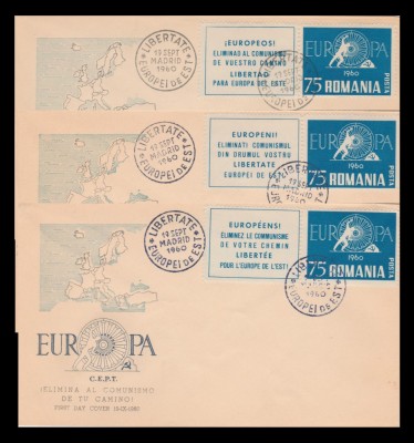 1960 Exil Romania - Emisiunea 22, 3 FDC Europa perechi dantelate cu vignete trilingve foto