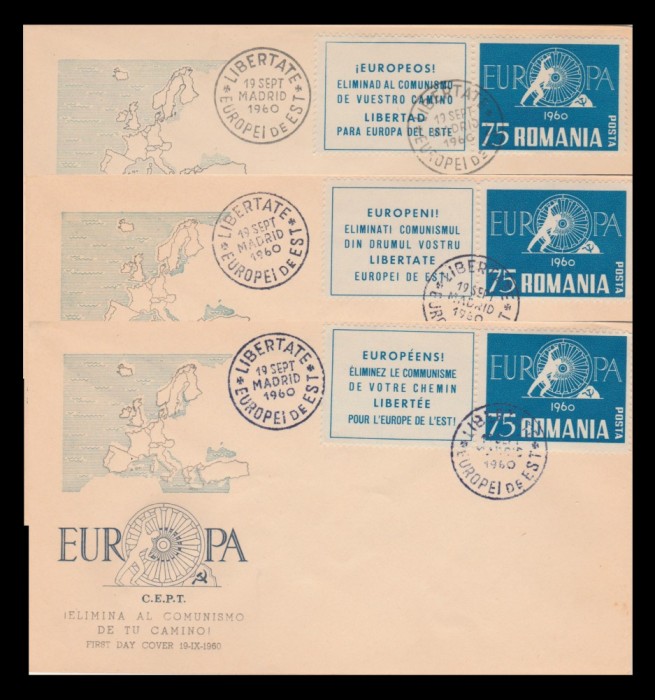 1960 Exil Romania - Emisiunea 22, 3 FDC Europa perechi dantelate cu vignete trilingve