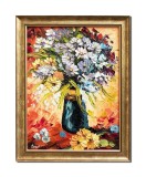 Tablou impasto vaza cu flori multicolore pictat manual inramat, Ikebana, 45x35cm ulei pe panza, Leonard Covaci