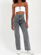 Blugi din denim, decupati, cu talie inalta, negru, dama, Shein foto