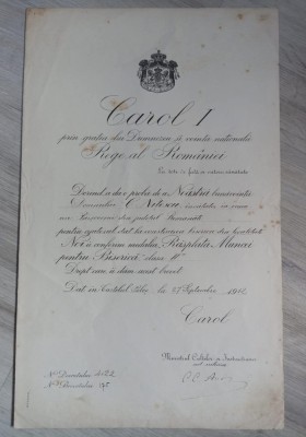 Brevet Rasplata Muncii pt Biserica , cls a 2-a , model Carol 1, emis in 1912 pe foaie dubla cu filigran . Piesa rara ! foto