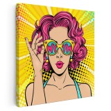 Tablou portret pop art femeie roscata cu ochelari, roz, galben 1247 Tablou canvas pe panza CU RAMA 80x80 cm