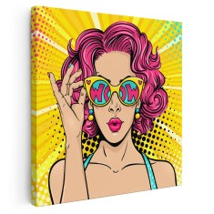 Tablou portret pop art femeie roscata cu ochelari, roz, galben 1247 Tablou canvas pe panza CU RAMA 30x30 cm