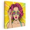 Tablou portret pop art femeie roscata cu ochelari, roz, galben 1247 Tablou canvas pe panza CU RAMA 100x100 cm
