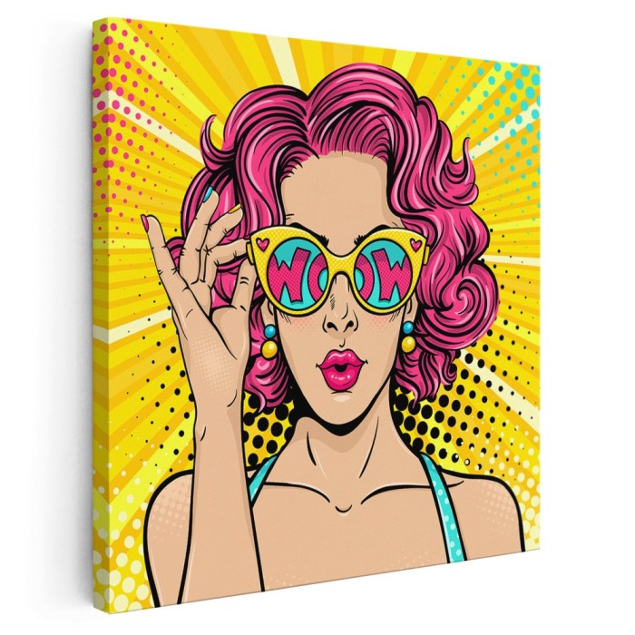 Tablou portret pop art femeie roscata cu ochelari, roz, galben 1247 Tablou canvas pe panza CU RAMA 30x30 cm