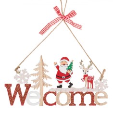 Decorațiune Suspendabilă de Crăciun, Tablă Cu Moș Crăciun, Ren, Fulgi și Glitter, 22 cm