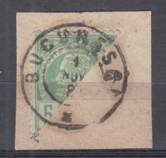 ROMANIA 1885/1887 LP 42 c REGELE CAROL I VULTURI HARTIE ALBA 5 BANI VERDE/FRAGMENT STAMPILAT BUCURESTI