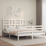 VidaXL Cadru de pat cu tăblie, alb, king size, lemn masiv