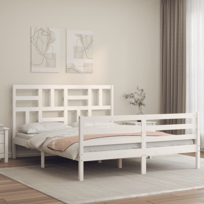 vidaXL Cadru de pat cu tăblie, alb, king size, lemn masiv 3194902