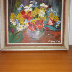 Tablou pictura ulei pe placaj buchet flori colorate semnat datat 1944 Suedia