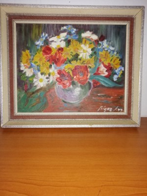 Tablou pictura ulei pe placaj buchet flori colorate semnat datat 1944 Suedia foto