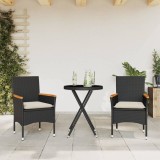 Set bistro cu perne, 3 piese, negru, poliratan și sticlă