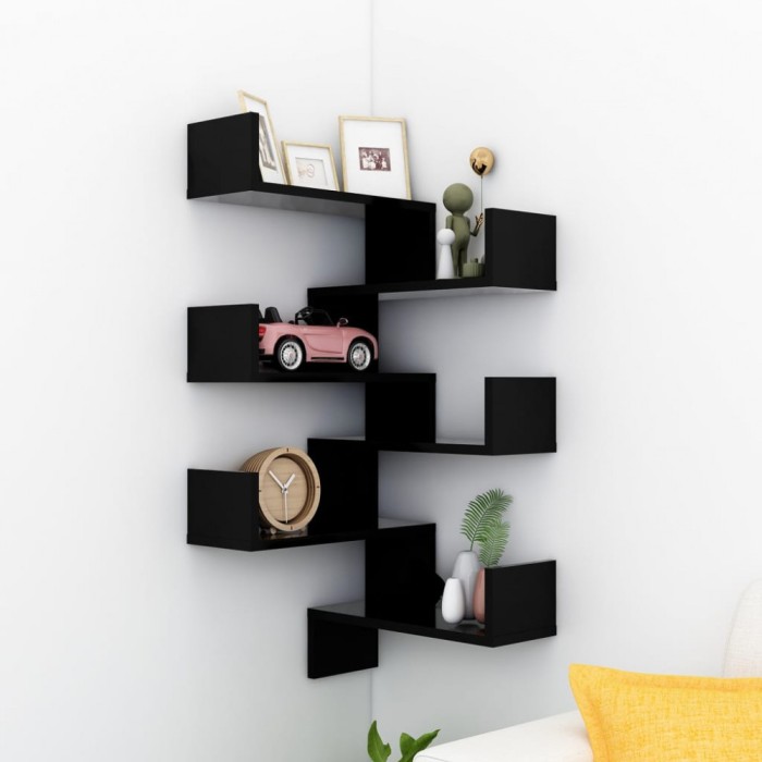 Gossi rafturi de perete pe colt, 2 buc, negru, 40x40x50 cm pal