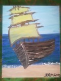 TABLOU PE PANZA CU SASIU NOU 24X30 CM CORABIE LA MAL PICTOR FLORIAN PRET 50 LEI, Marine, Acrilic, Realism
