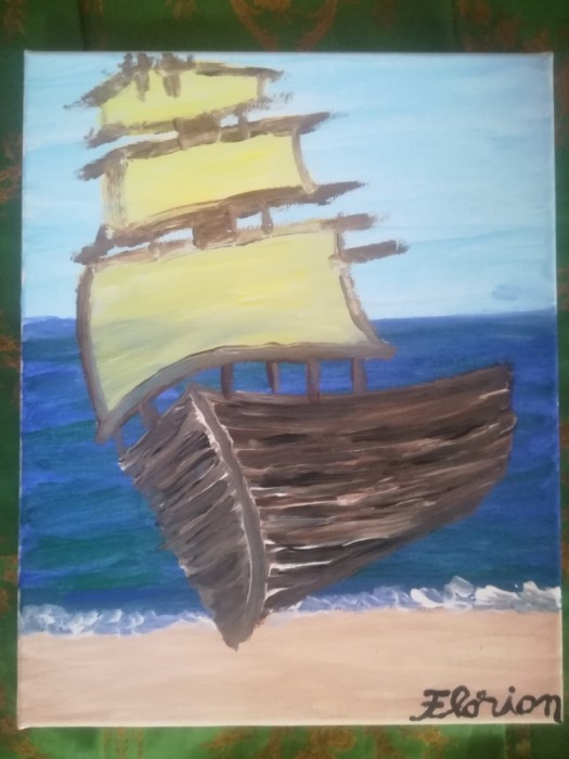 TABLOU PE PANZA CU SASIU NOU 24X30 CM CORABIE LA MAL PICTOR FLORIAN PRET 50 LEI