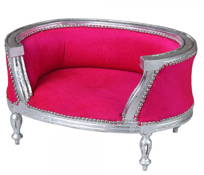 Canapea pentru caine din lemn masiv argintiu cu tapiterie roz CAT700E39