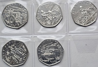 Set 5 x 50 pence 2024 Isle of Man, Motor Racing, TT Race, unc foto