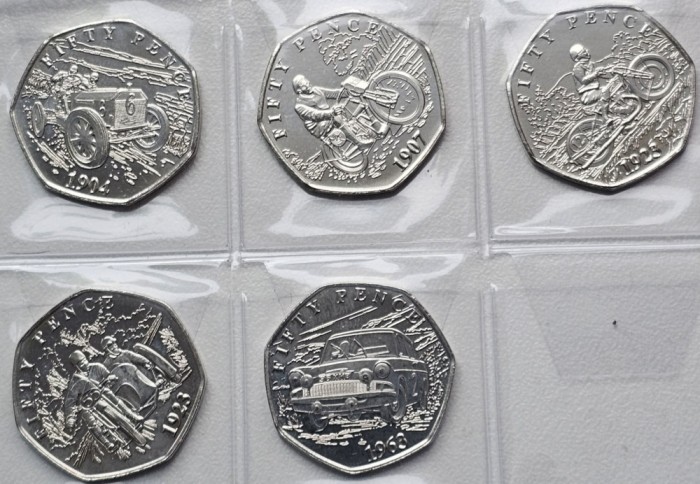 Set 5 x 50 pence 2024 Isle of Man, Motor Racing, TT Race, unc