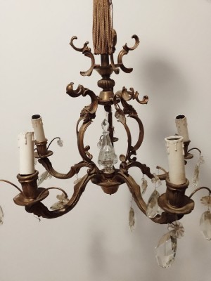 Deosebit candelabru antic cu 5 brațe din bronz masiv și elemente din cristal ,piesa veche foto