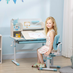 ZONEKIZ Set de birou si scaun cu inaltime reglabila Birou de scriere pentru copii masa de studiu pentru scoala cu raft, sertar, suport pentru stilouri