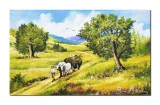 Tablou peisaj celebru pictat manual Car cu boi, 100x60cm ulei pe panza, reproducere Nicolae Grigorescu
