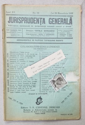 JURISPRUDENTA GENERALA , PUBLICATIUNE SAPTAMANALA DE JURISPRUDENTA REZUMATA ROMANA SI STREINA , NR.36, 1937 foto