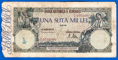 (49) BANCNOTA ROMANIA - 100.000 LEI 1946 (28 MAI 1946), FILIGRAN ORIZONTAL foto