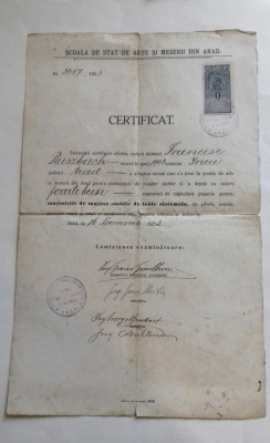 CERTIFICAT SCOALA DE STAT DE ARTE SI MESERII ARAD 1923 foto