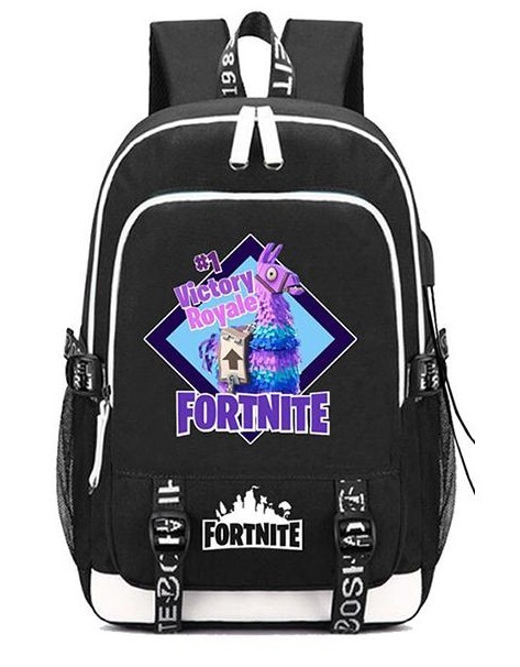 Ghiozdan Fortnite negru cu alb, imprimeu FORTNITE multicolor model 1 Ghiozdan Fortnite negru cu alb, imprimeu FORTNITE multicolor model 1