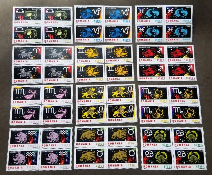 Romania MNH 2001 / 2002 - Semnele zodiacului I + II - LP 1574 X4 + LP 1576 X4