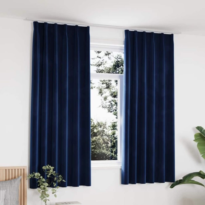 Draperii opace cu c&acirc;rlige, 2 buc, albastru, 140x175 cm, catifea