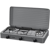Plita NobeLTek NLT PE3GS exterior, gaz, 3 arzatoare, gratar emailat, fara sigurata, diuze GPL, capac, silver