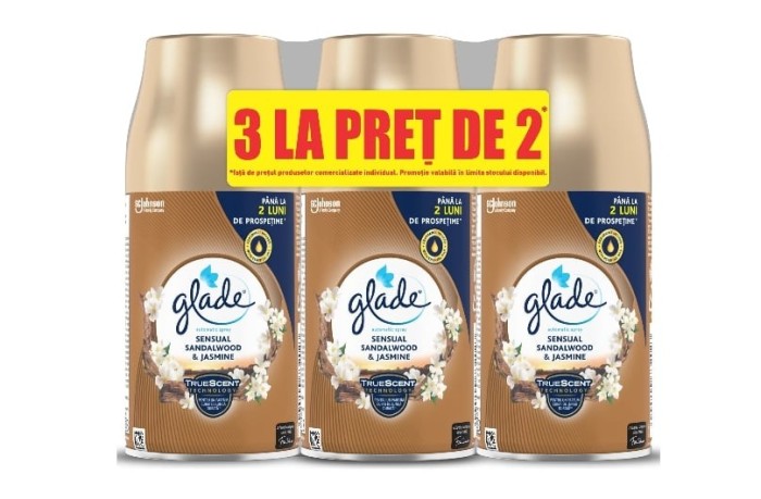 Pachet rezerve odorizant aer cu actiune continua pentru camera Glade Automatic Spray, Bali Sandalwood&amp; Jasmine, 3 x 269 ml