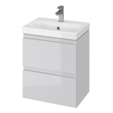 Cumpara ieftin Baza si lavoar ceramic CS9821 Slim, mobilier baie suspendat 50 cm, dreptunghiular, front MDF, 2 sertare, glisiere soft close, gri