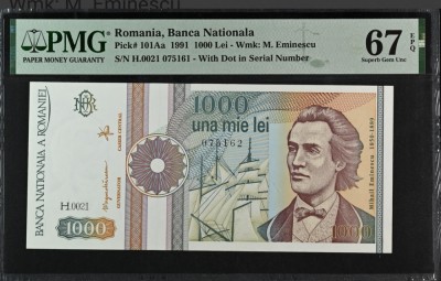 1000 lei 1991 CU PUNCT PMG67 UNC bancnota gradata foto