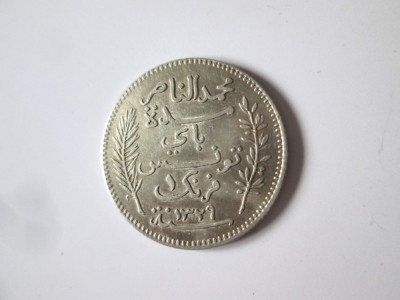 Tunisia 1 Franc 1911 argint,moneda din imagini in stare f.buna cu patina frumoasa,diam=23 mm,greutate=5 grame foto