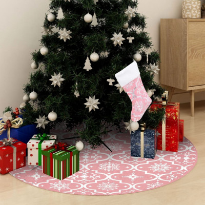 vidaXL Covor fustă de brad Crăciun cu șosetă, roz, 90 cm, țesătură foto