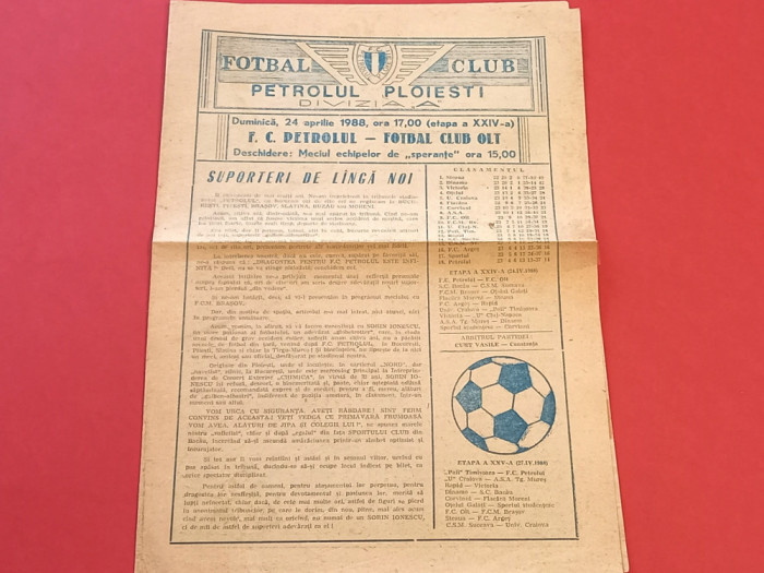 Program meci fotbal PETROLUL PLOIESTI - FC OLT (24.04.1988)
