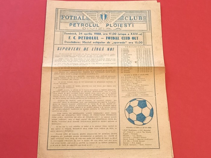 Program meci fotbal PETROLUL PLOIESTI - FC OLT (24.04.1988)