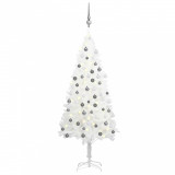 Set brad Crăciun artificial cu LED-uri/globuri, alb, 120 cm