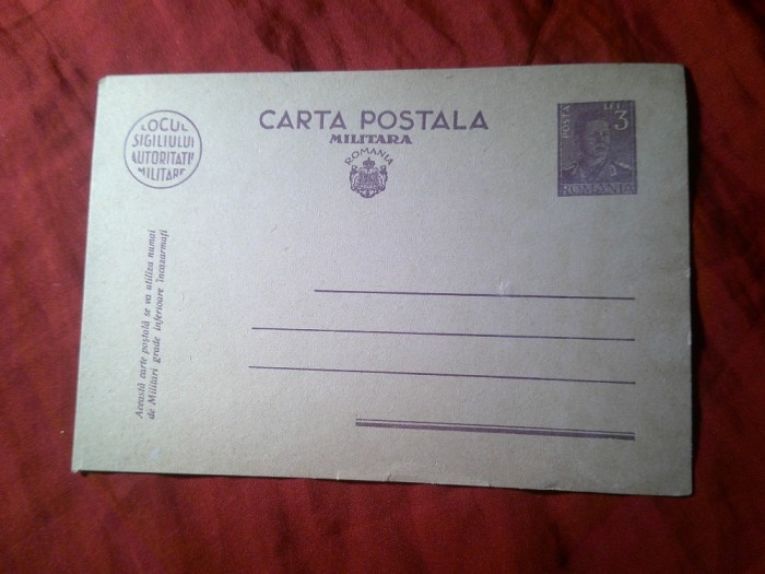 Carte Postala Militara necirculata , Timbru fix 3 lei Mihai , hartie crem