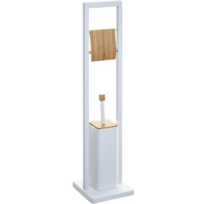 Suport WC cu perie 5Five Natureo, cu suport hartie igienica, metal si bambus, 20x20x80 cm, alb Household NewTrend foto